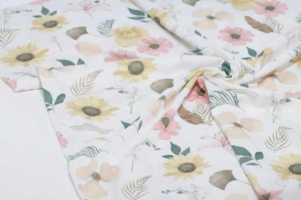 Narrow Rib White Botanical Sunflower by the Half Yard