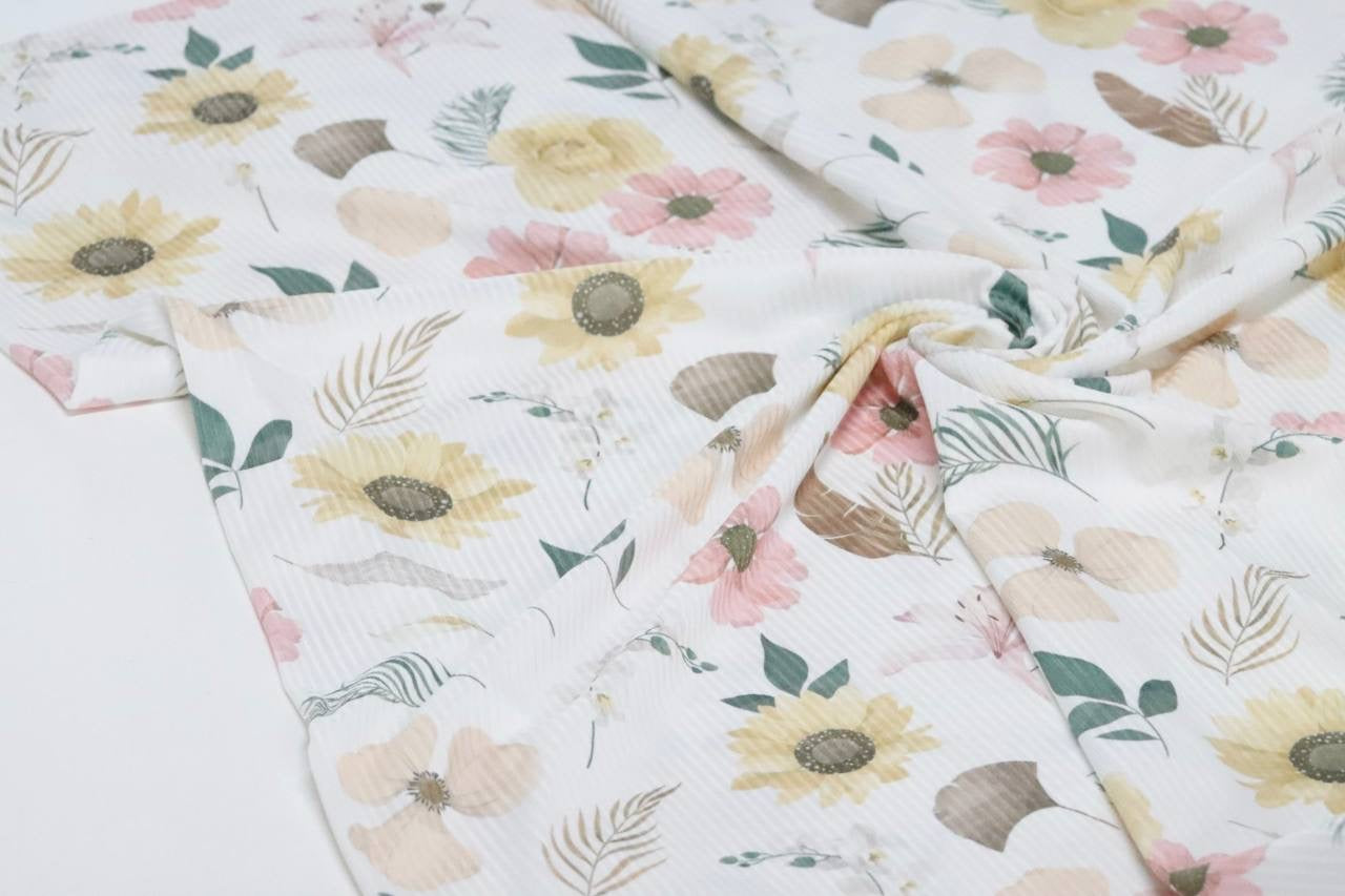 Narrow Rib White Botanical Sunflower by the Half Yard