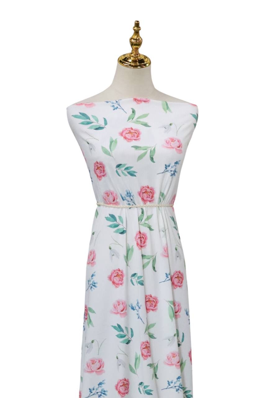 Narrow Rib White Pink Peony Design by the Half Yard