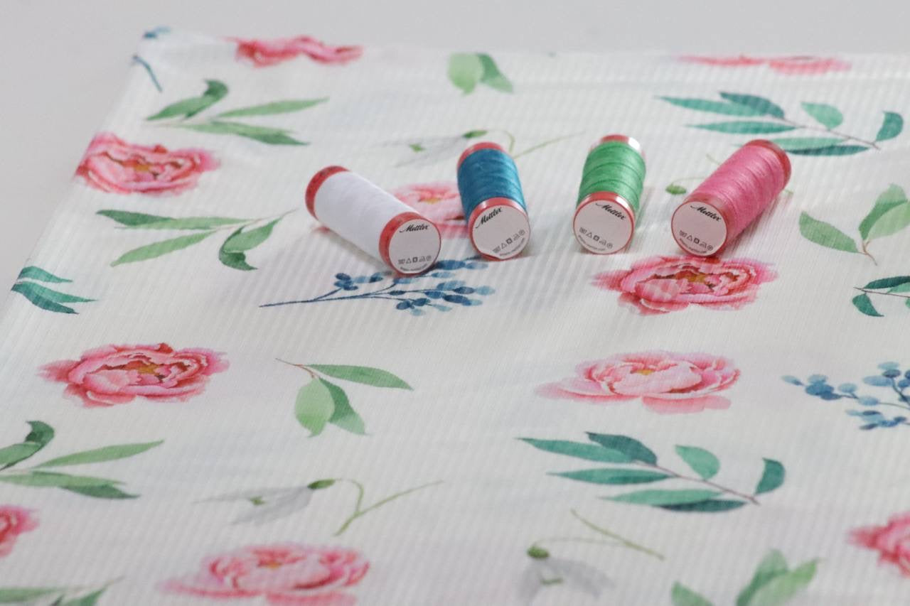 Narrow Rib White Pink Peony Design by the Half Yard