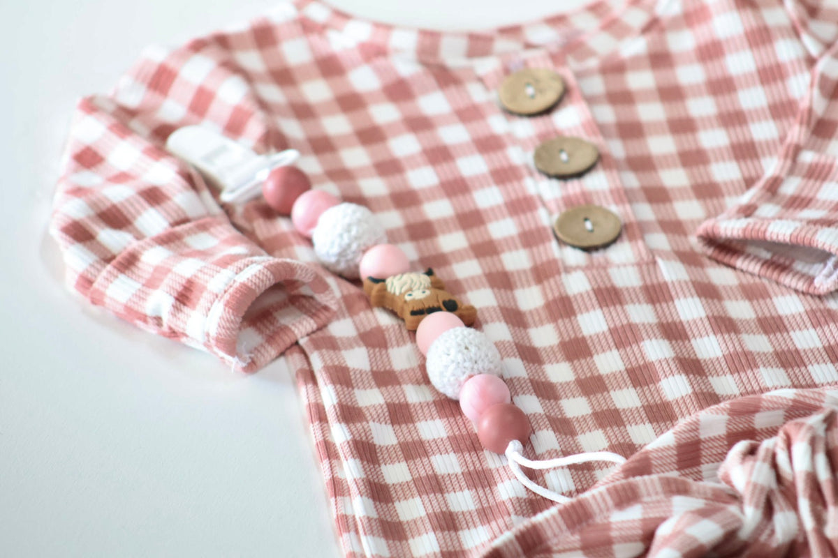 Mauve Gingham Brushed rib       Handmade Knotted Gown