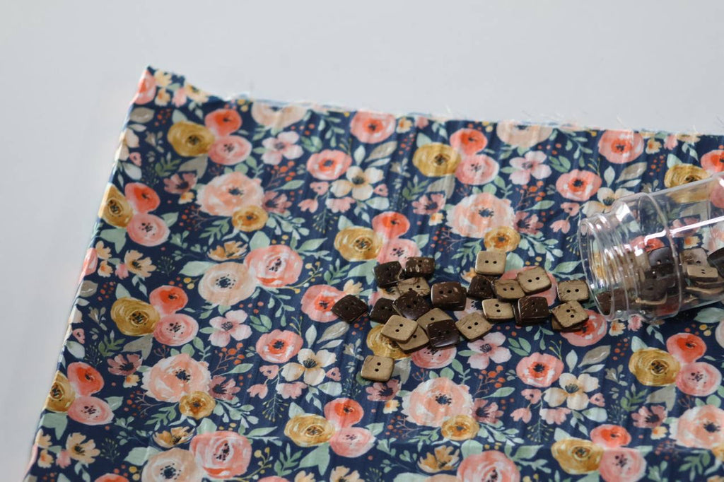 Exclusive Raised Poly Pinstripe Navy & Peach Ranunculus by the Half Yard