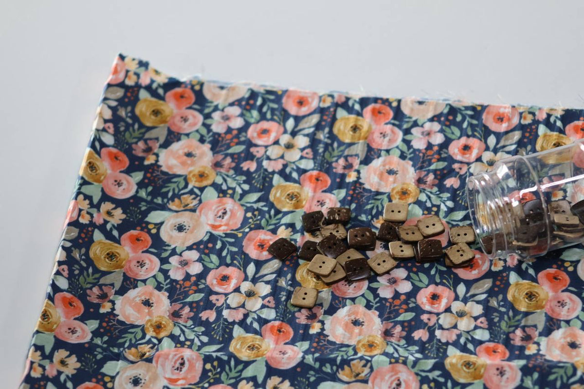 Exclusive Raised Poly Pinstripe Navy & Peach Ranunculus by the Half Yard