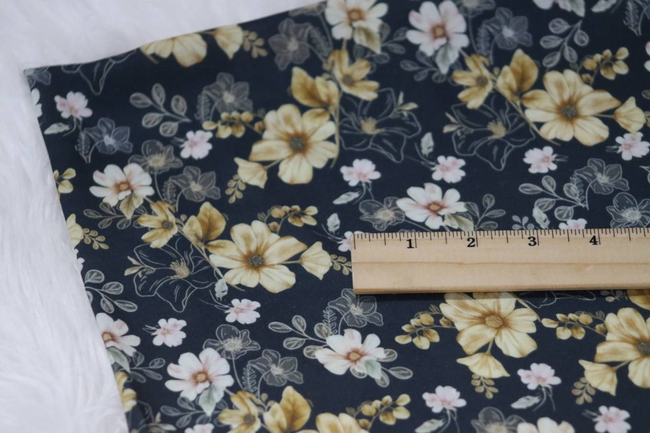 Linen Look Poly Black Graceful Cosmos  by the half yard