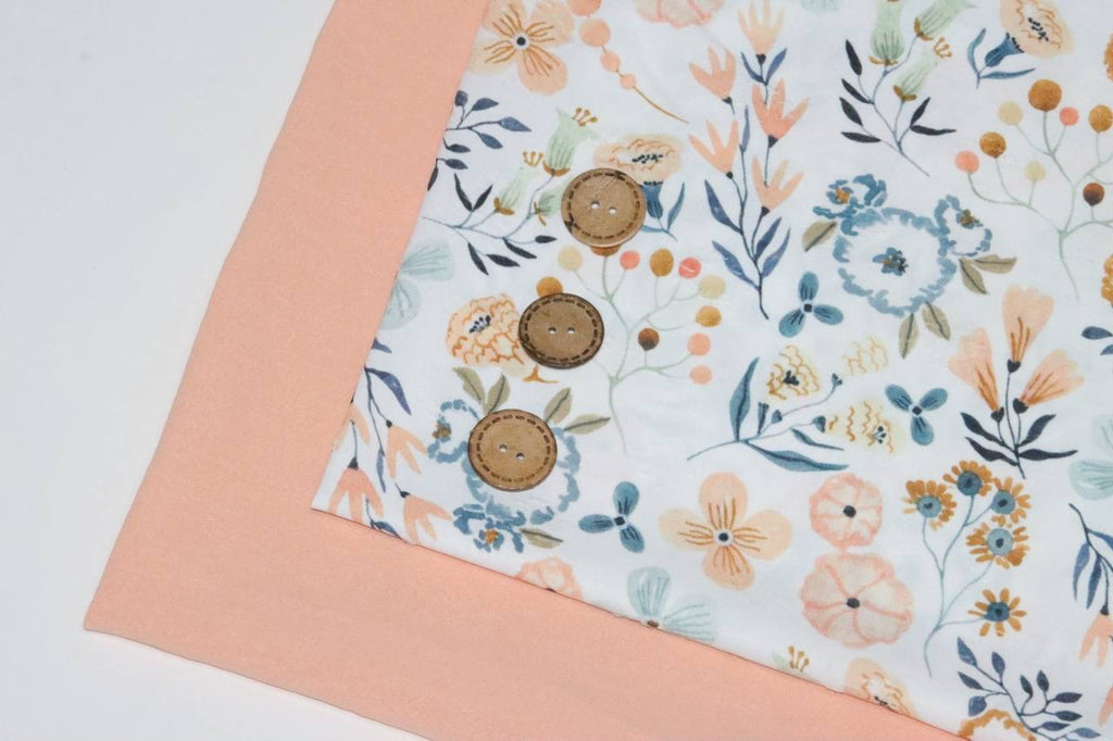 Diamond Swiss Dot White/Dusty blue/Peach floral by the half yard