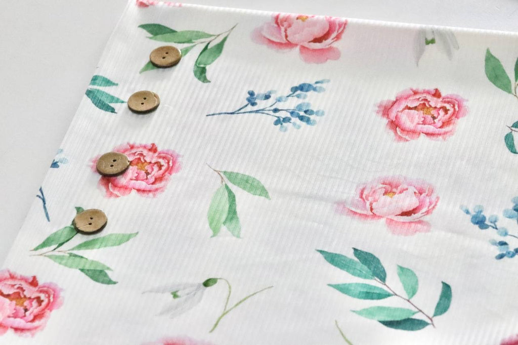 Narrow Rib White Pink Peony Design by the Half Yard