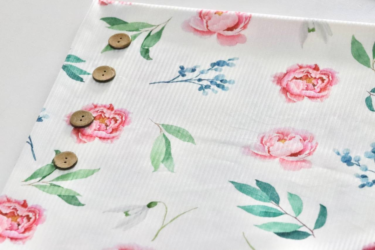 Narrow Rib White Pink Peony Design by the Half Yard
