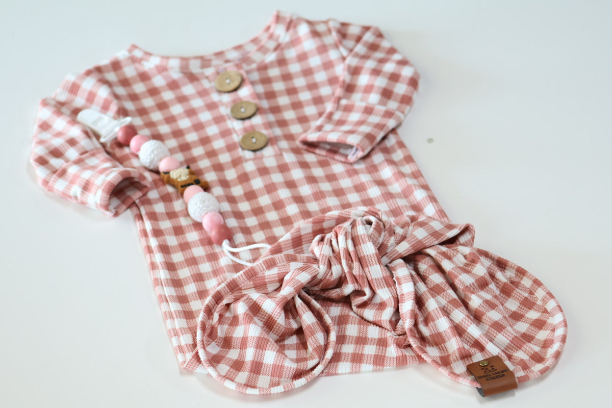 Mauve Gingham Brushed rib       Handmade Knotted Gown
