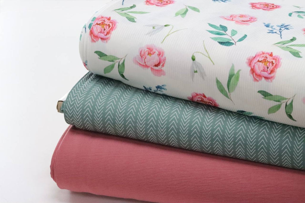 Narrow Rib White Pink Peony Design by the Half Yard