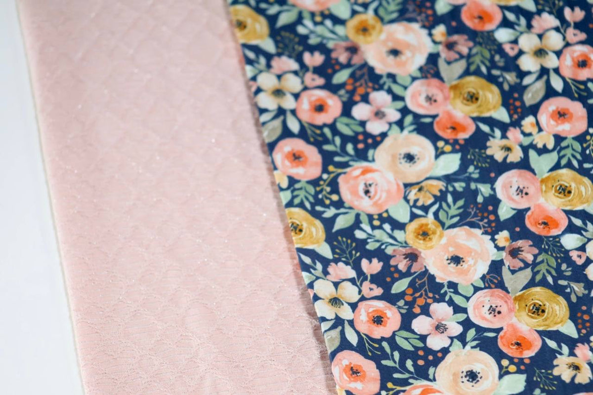 Exclusive Raised Poly Pinstripe Navy & Peach Ranunculus by the Half Yard