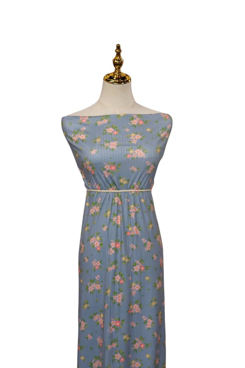Exclusive Wide rib Misty blue blossoms by the half yard