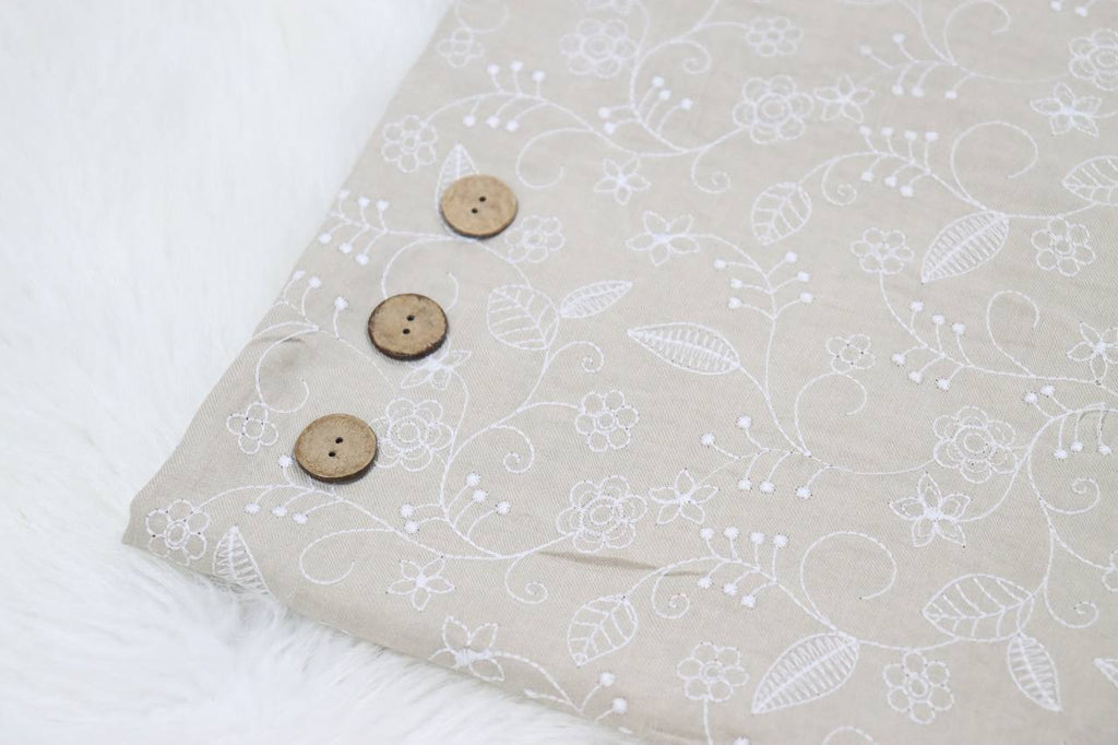 Beige Textured Embroidery Design                                                                       Linen Look 100% polyester by the half yard