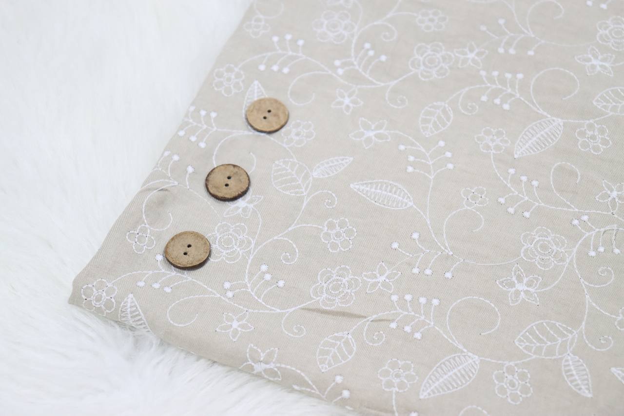 Beige Textured Embroidery Design                                                                       Linen Look 100% polyester by the half yard
