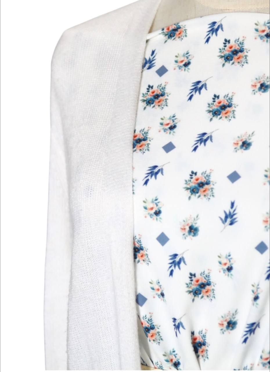 Linen look Poly White& dustyblue blossoms by the half yard