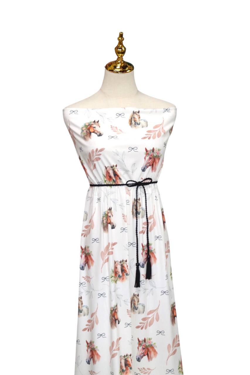 Narrow rib White Floral horse 
 by the half yard