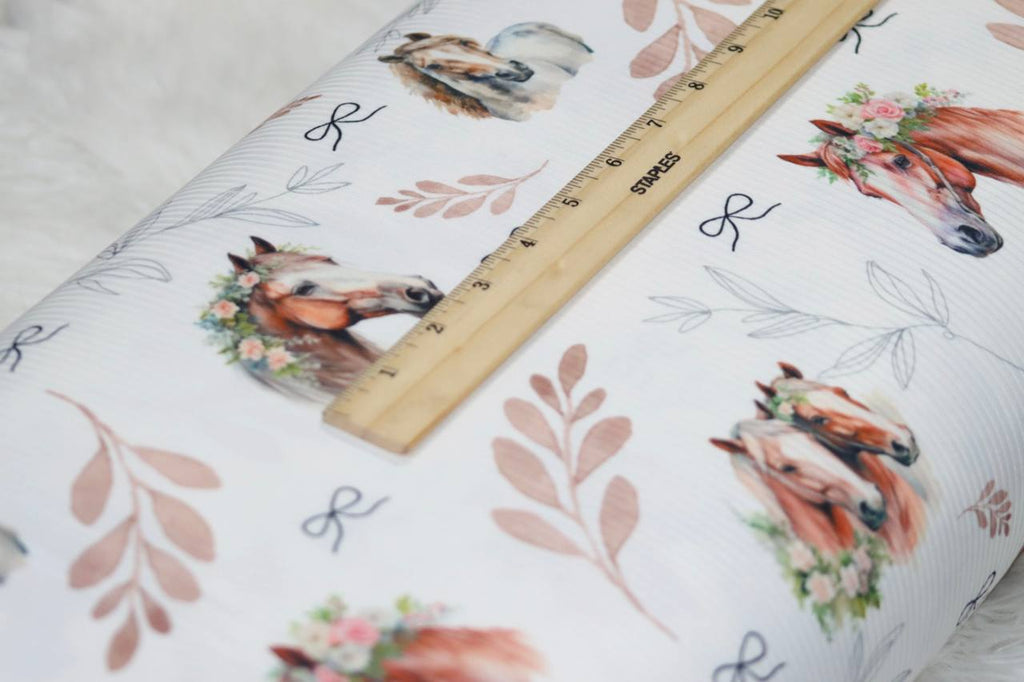 Narrow rib White Floral horse 
 by the half yard