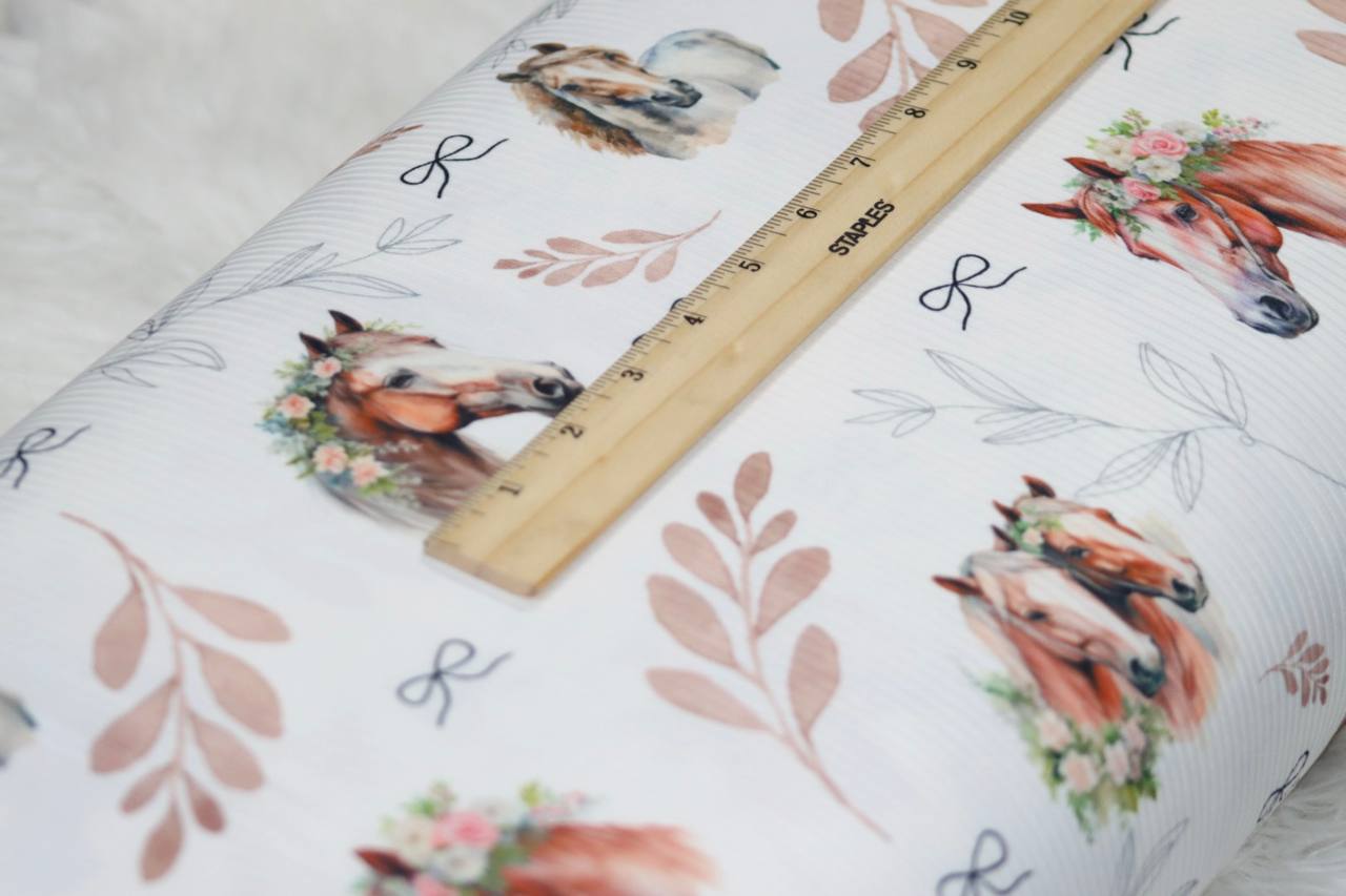 Narrow rib White Floral horse 
 by the half yard