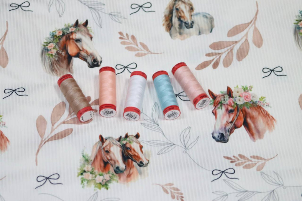 Narrow rib White Floral horse 
 by the half yard