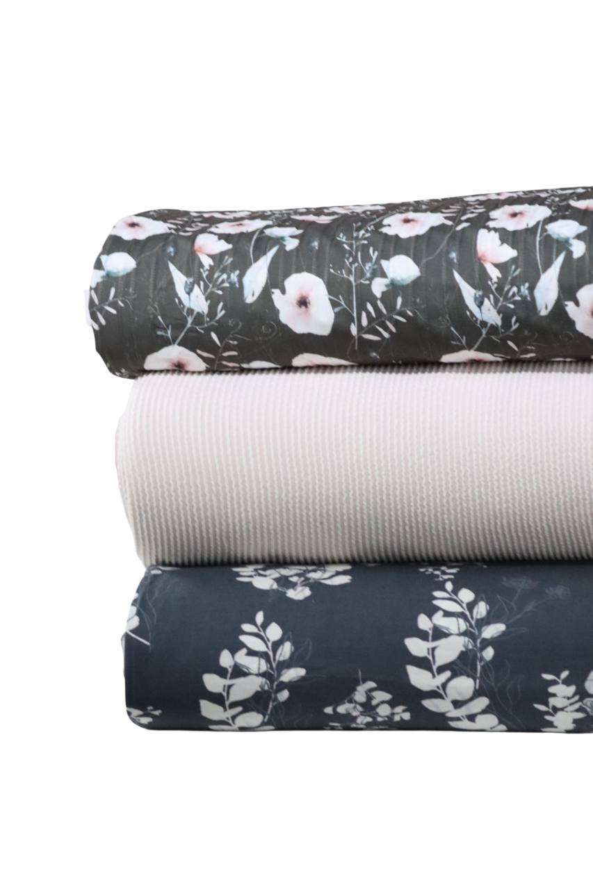Cotton spandex Charcoal Sweet pea sprigs  by the half yard
