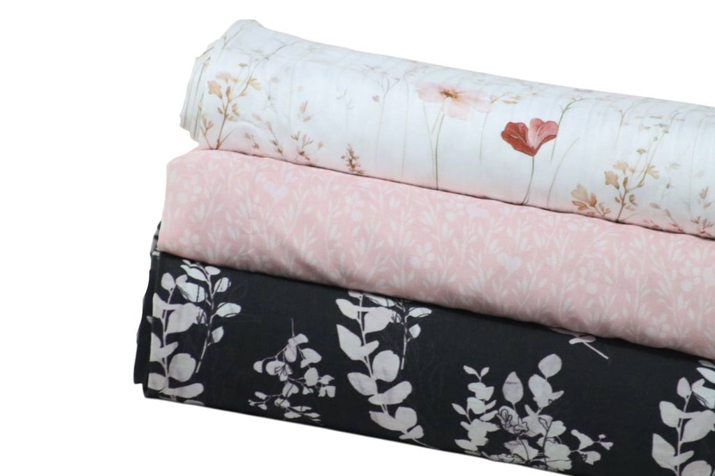 Linen look Poly Black Sweet pea sprigs  by the half yard