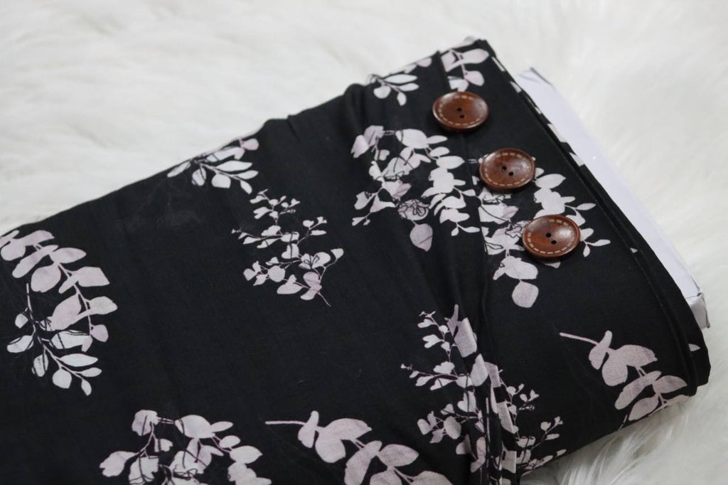 Linen look Poly Black Sweet pea sprigs  by the half yard
