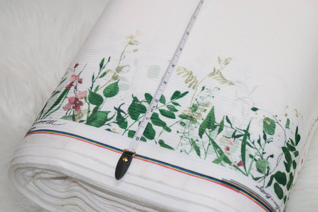White Spring Greenery Border 
Narrow Rib Knit By the half yard