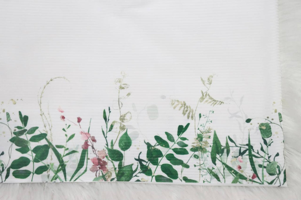 White Spring Greenery Border 
Narrow Rib Knit By the half yard