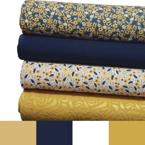 Busy Blue Gold Floral
Poly Crepe Stretch by the half yard